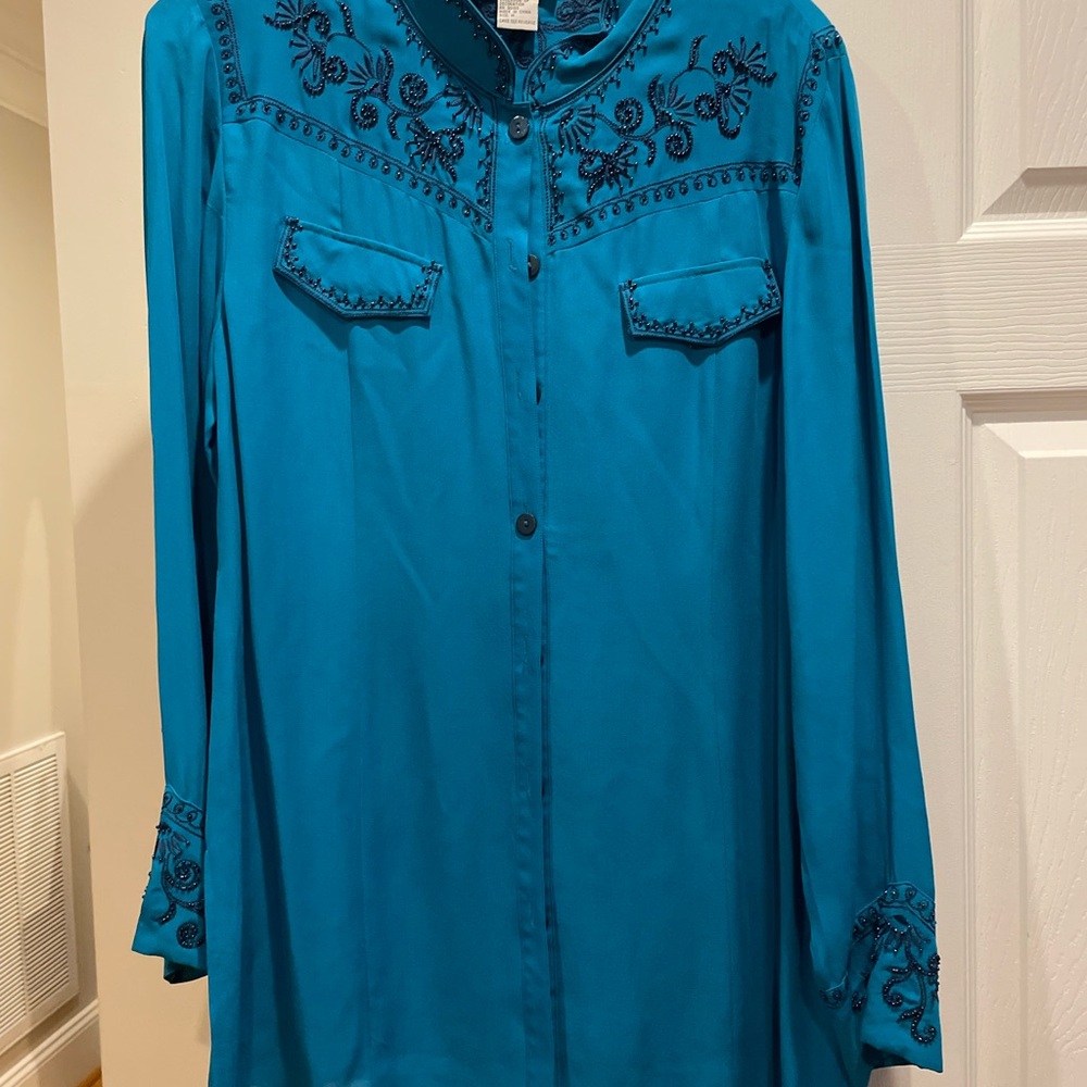 Embroidered Teal Button-Up Blouse